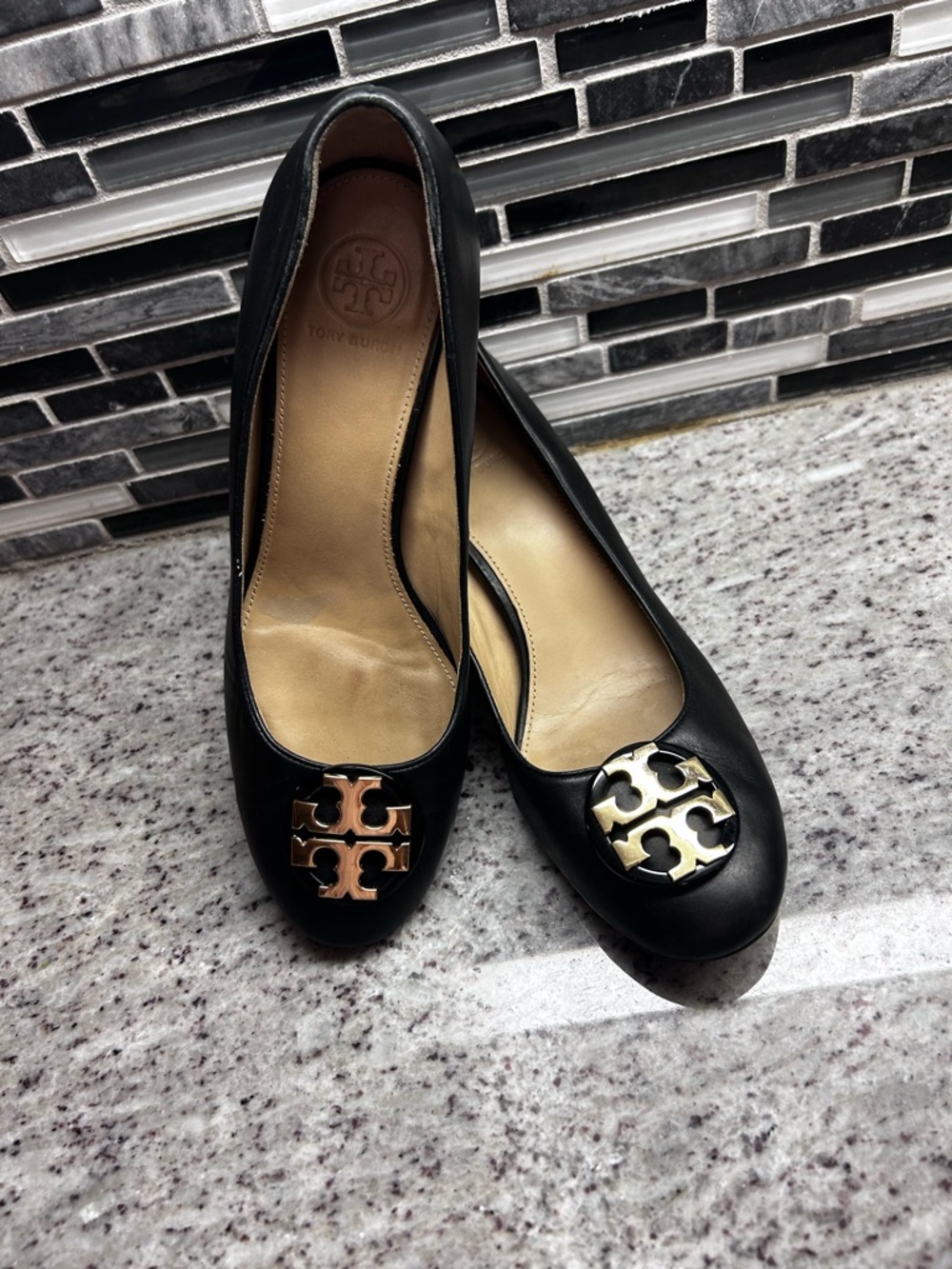 Tory Burch Black Leather Pumps with Gold Logos size 7.5